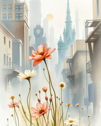 A captivating digital watercolor painting depicts delicate flowers blooming amidst the ruins of a post-apocalyptic city.  Tra
