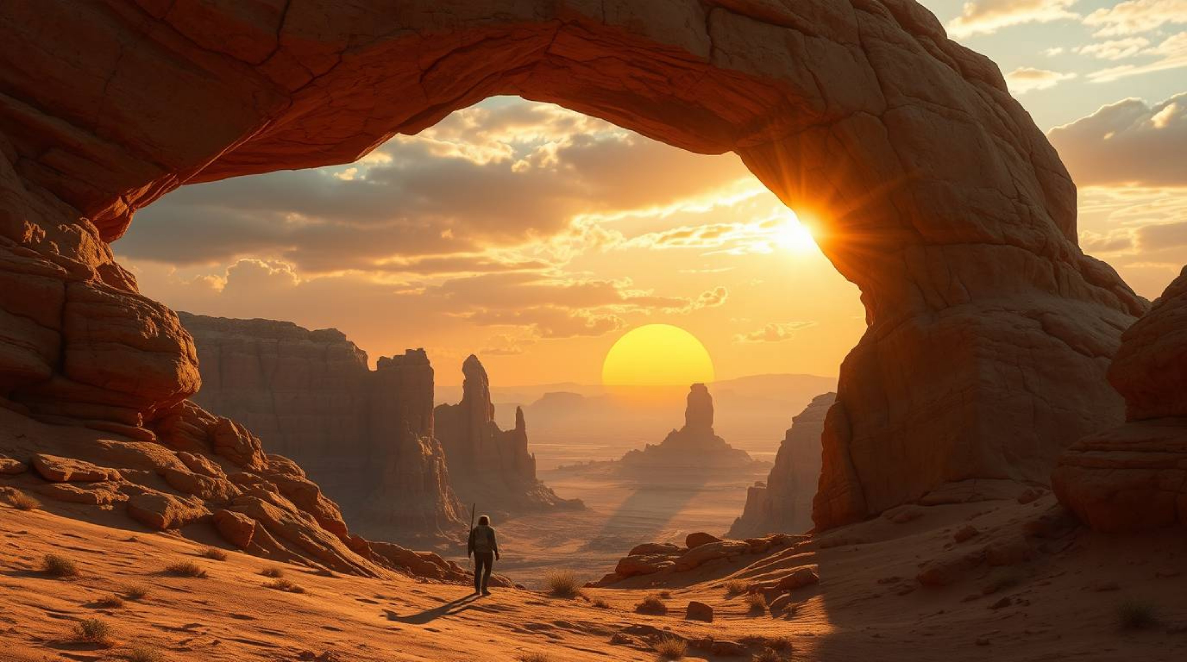 A breathtaking panoramic view of a majestic sunset filtering through a colossal desert rock arch. This image showcases a hero