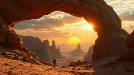 A breathtaking panoramic view of a majestic sunset filtering through a colossal desert rock arch. This image showcases a hero