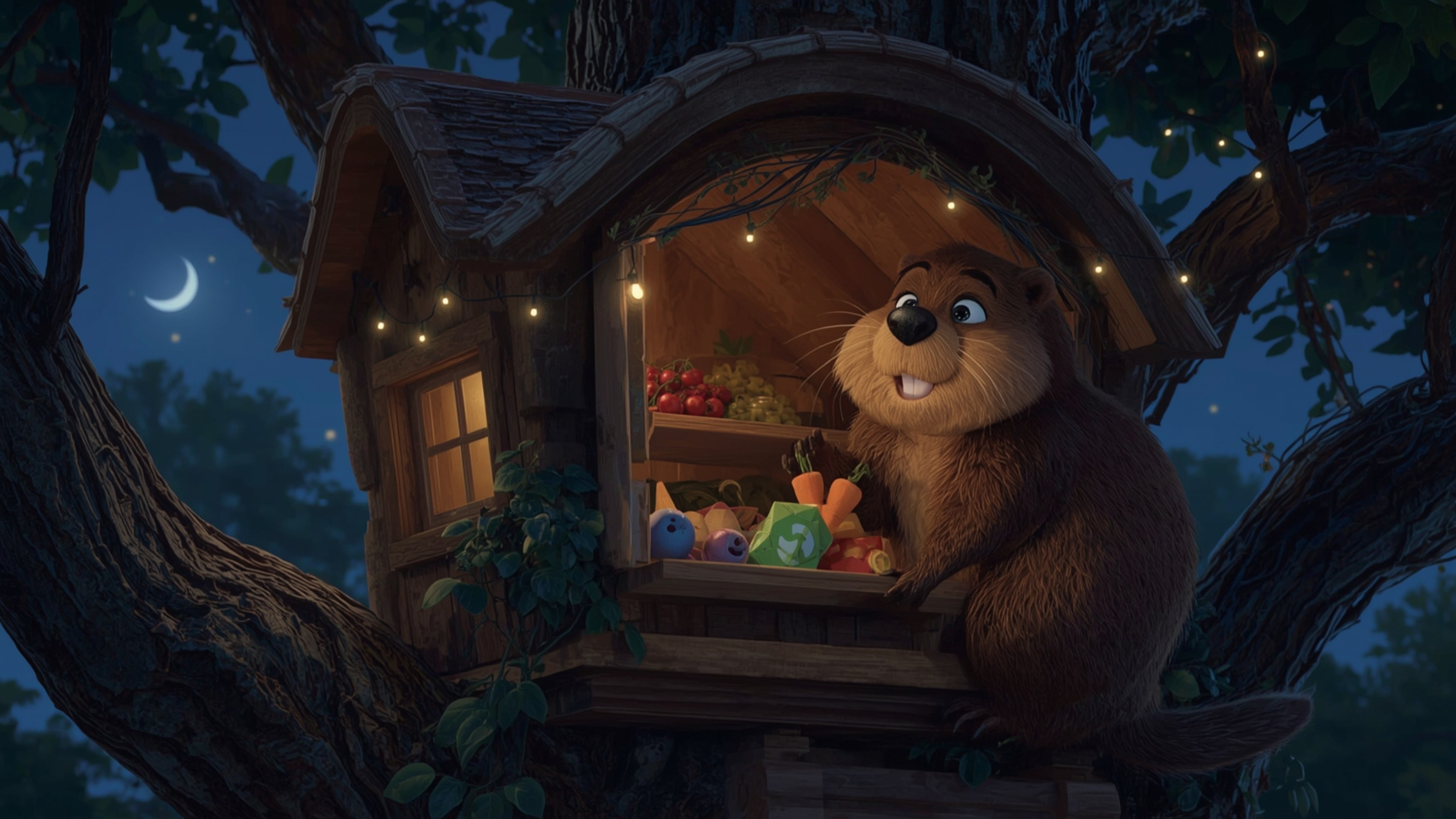 A high-resolution, commercially-ready stock photo, reminiscent of Pixar's whimsical style, captures a beaver diligently const