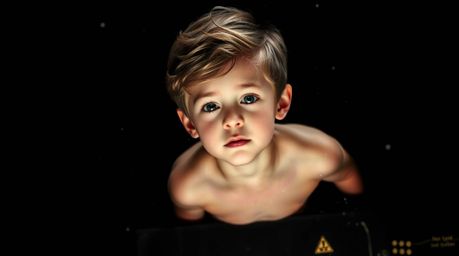 An elegant young boy with light skin soars above a jet-black London, propelled by magical pixie dust. Against a pure black ba