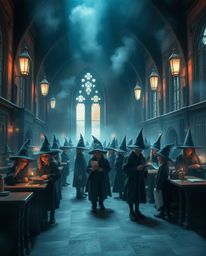 Immerse yourself in a magical school filled with young wizards, captured in a soft and dreamy atmosphere. The artwork feature