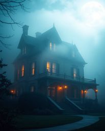 An atmospheric scene depicting a fog-covered Victorian mansion bathed in soft moonlight, captured with a cinematic haze that 