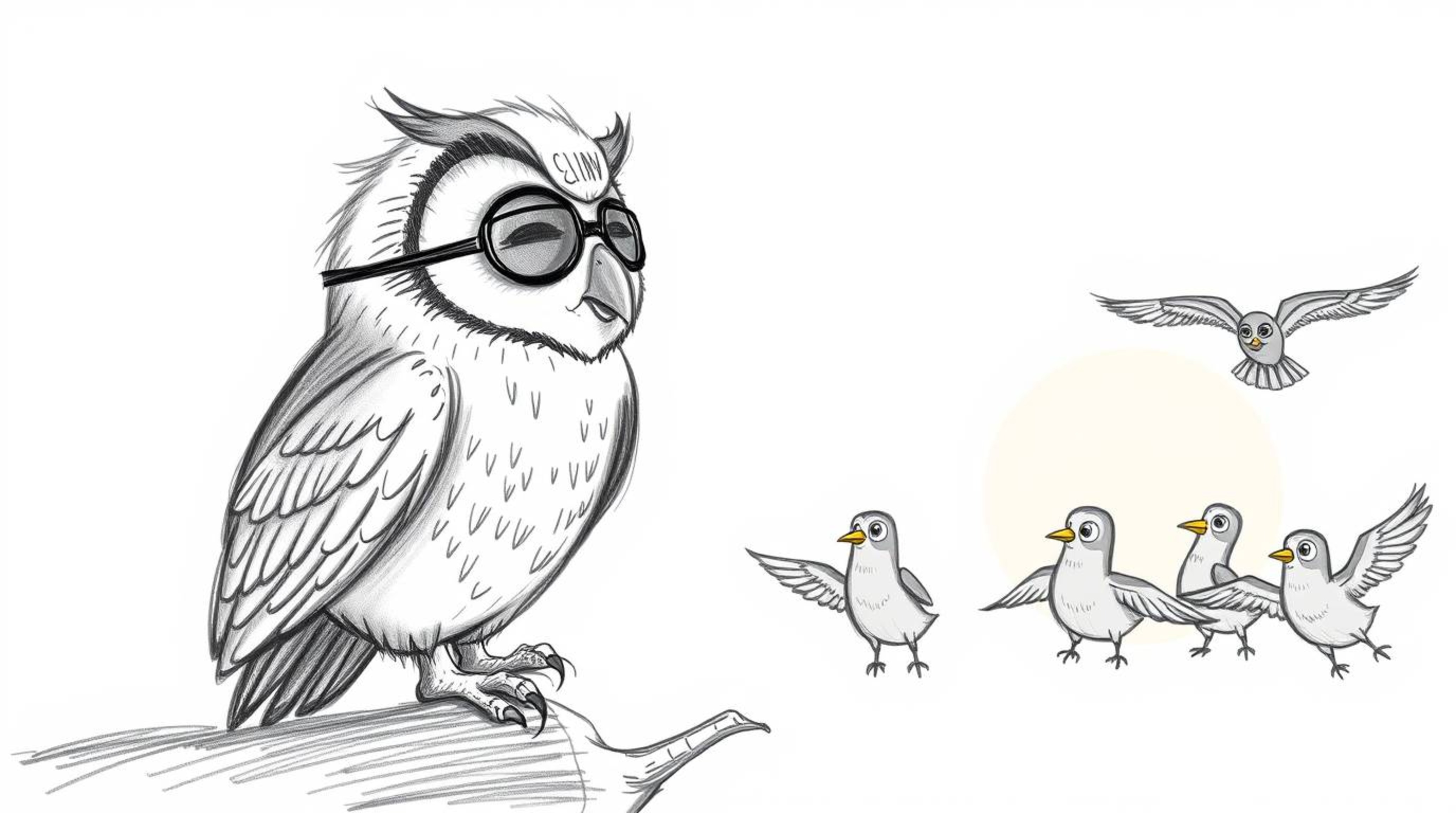 A heartwarming hand-drawn sketch in the style of Pixar, featuring a blind owl with gentle features teaching a class of birds 