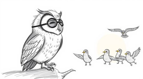 A heartwarming hand-drawn sketch in the style of Pixar, featuring a blind owl with gentle features teaching a class of birds 