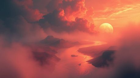 Experience a soft, dreamy digital painting depicting a winding river bathed in the glow of a dramatic orange-pink sunset.  Th