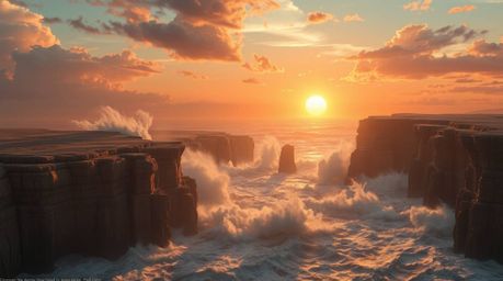 Experience a breathtaking scene of the future, where waves crash powerfully against towering cliffs beneath a blazing sunset 