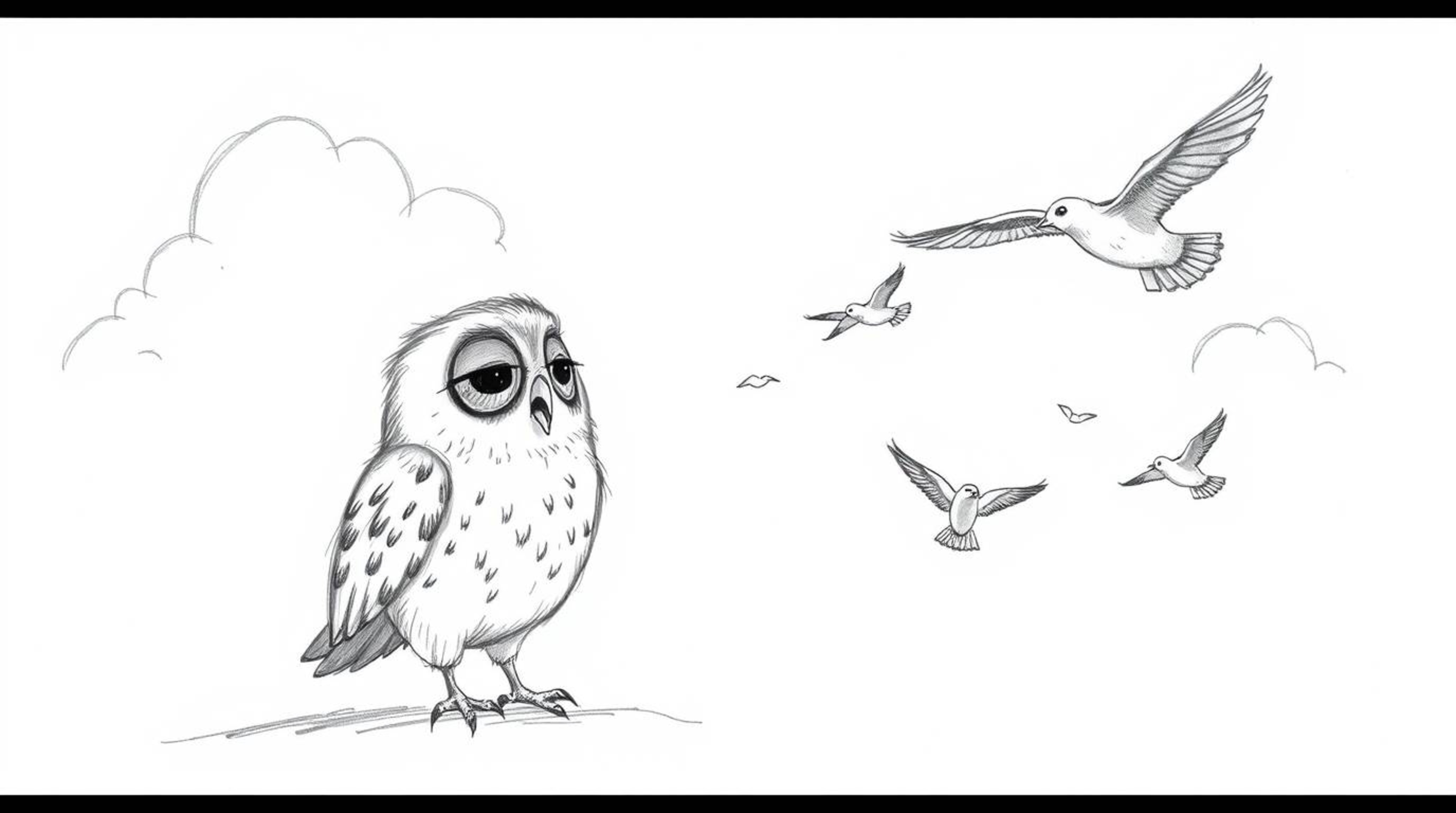 This is a hand-drawn sketch in the enchanting style of Pixar, featuring a blind owl with soft, feathery plumage. The wise owl