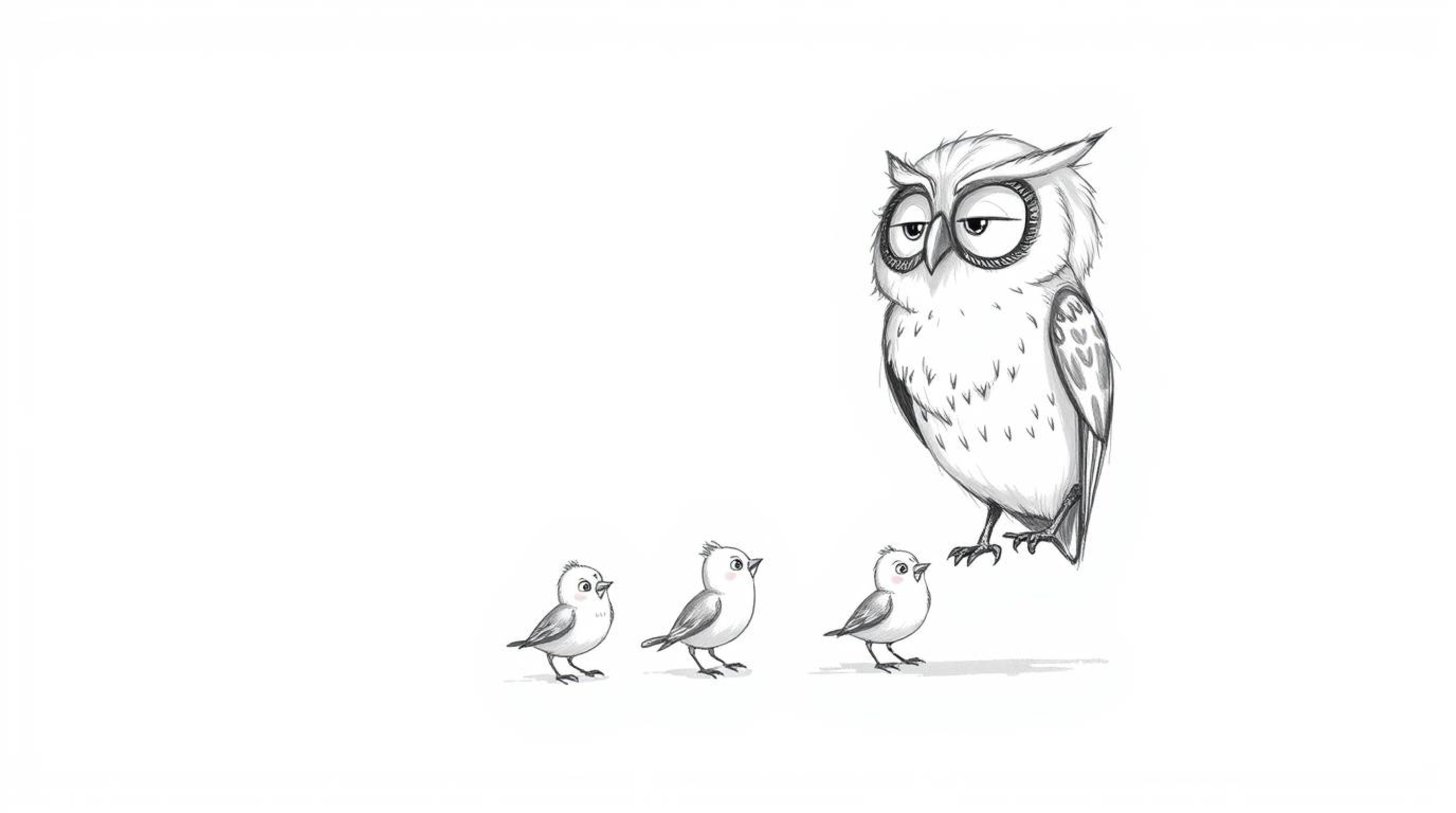 A charming hand-drawn sketch in the style of Pixar animation depicts a blind owl with slightly ruffled feathers gently guidin