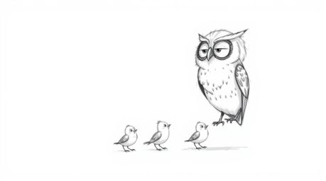 A charming hand-drawn sketch in the style of Pixar animation depicts a blind owl with slightly ruffled feathers gently guidin