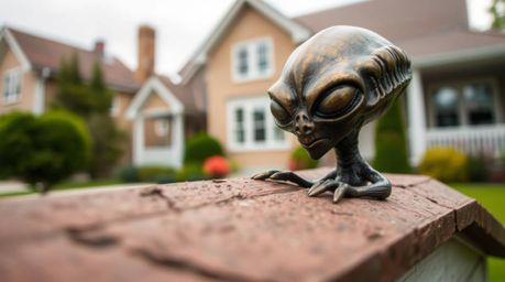 This close-up shot captures a cast bronze alien figurine residing in an unlikely place: a suburban house. The antique patina 