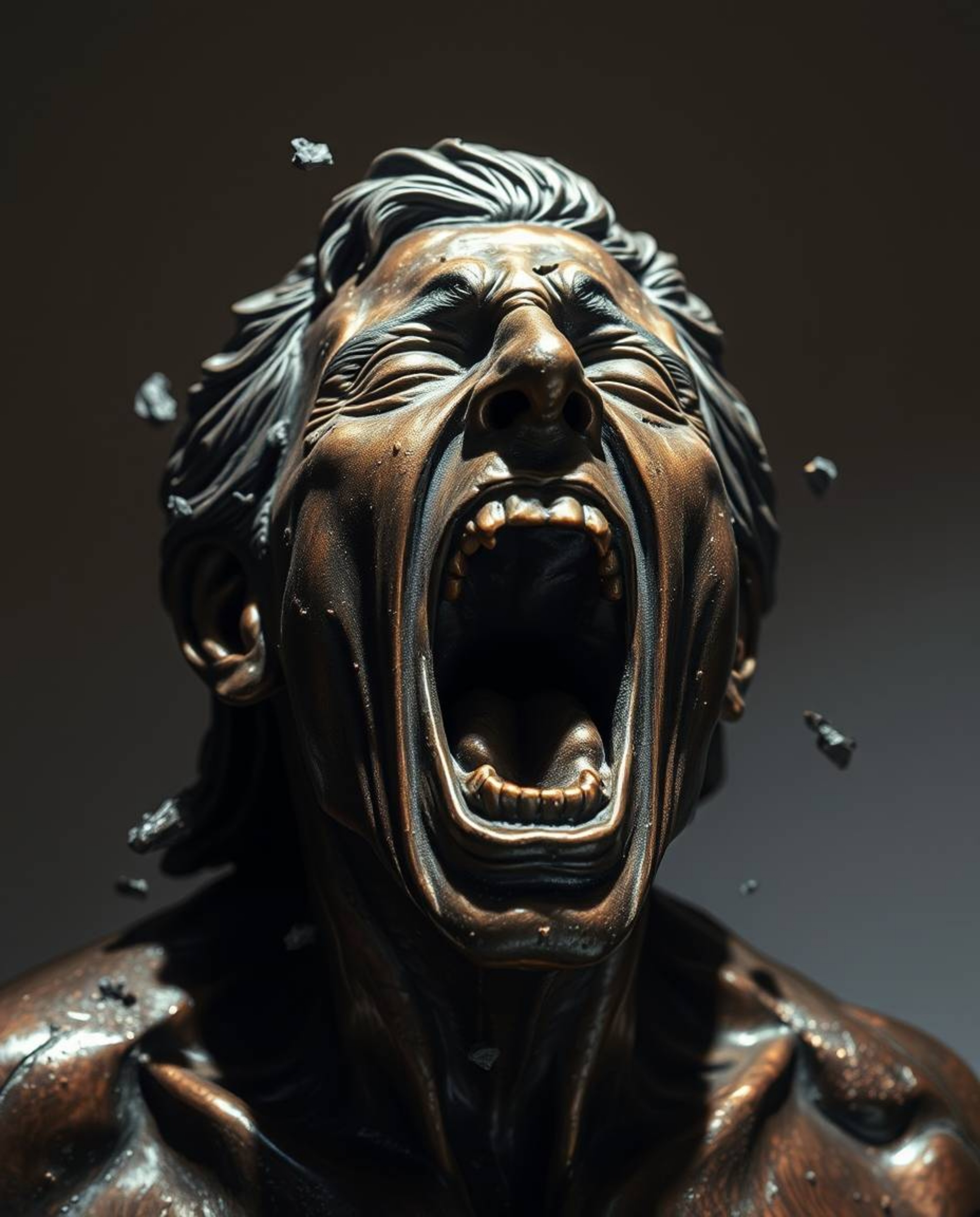 A captivating image depicts a bronze sculpture of a person screaming in agony, their face contorted as the world around them 