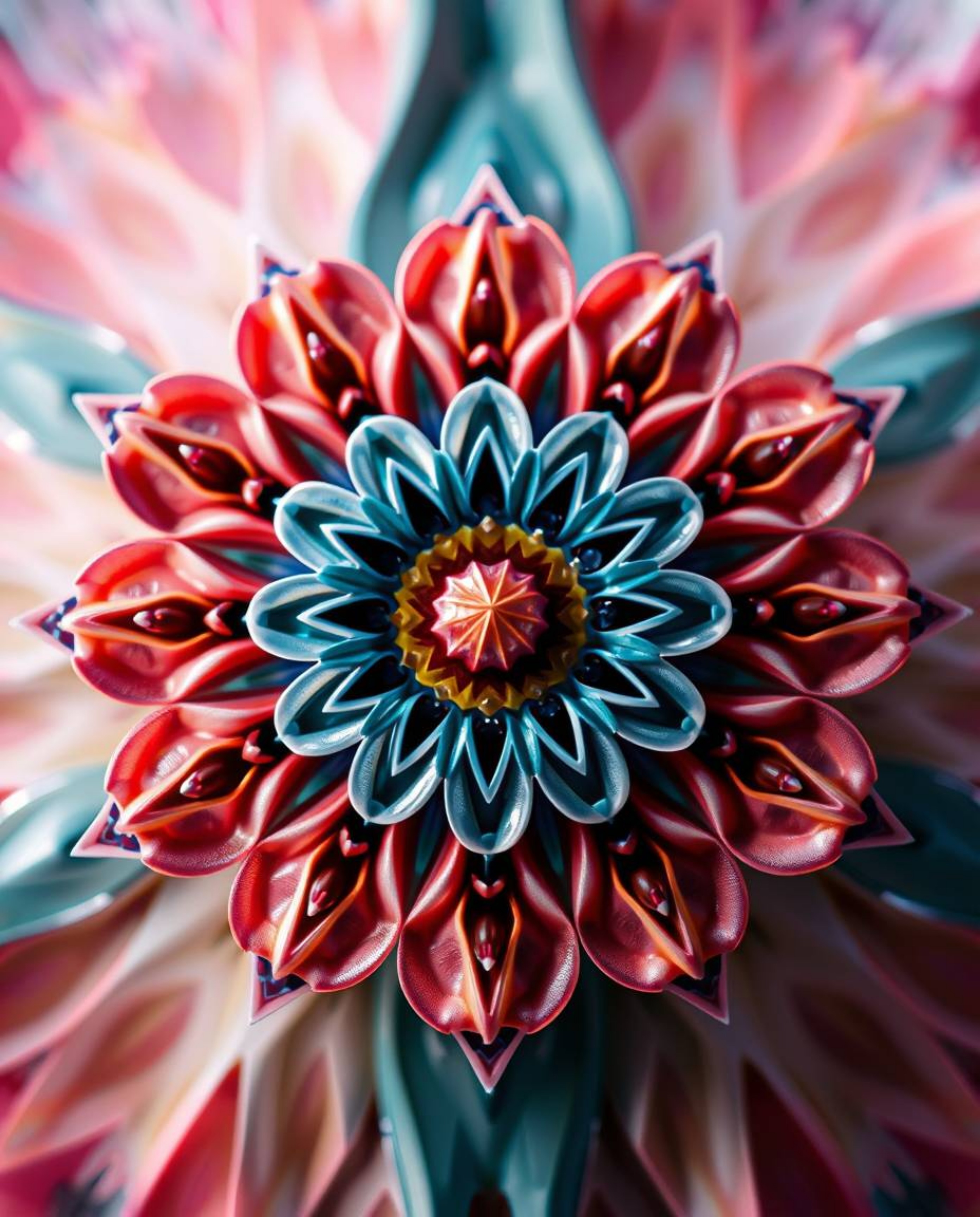Explore a mesmerizing blend of geometric and floral elements in this futuristic sci-fi mandala. Captured in extreme macro clo