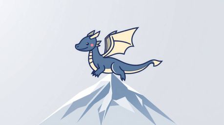 An adorable, charming geometric logo design featuring a dragon and its rider soaring above icy mountains.  The design boasts 