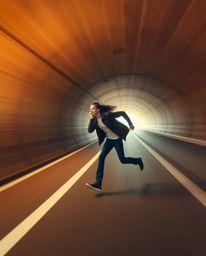 A warm, soft, and professional photograph capturing a person in dynamic motion at a tunnel's edge, looking towards the light.