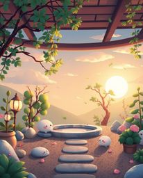 Adorable and charming depiction of a serene Zen garden at sunset, featuring cute and whimsical elements, soft lighting and pa