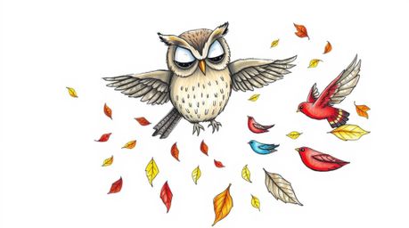 A hand-drawn sketch depicts a blind owl, its closed eyes suggesting profound wisdom, leading a vibrant flock of birds in a sp