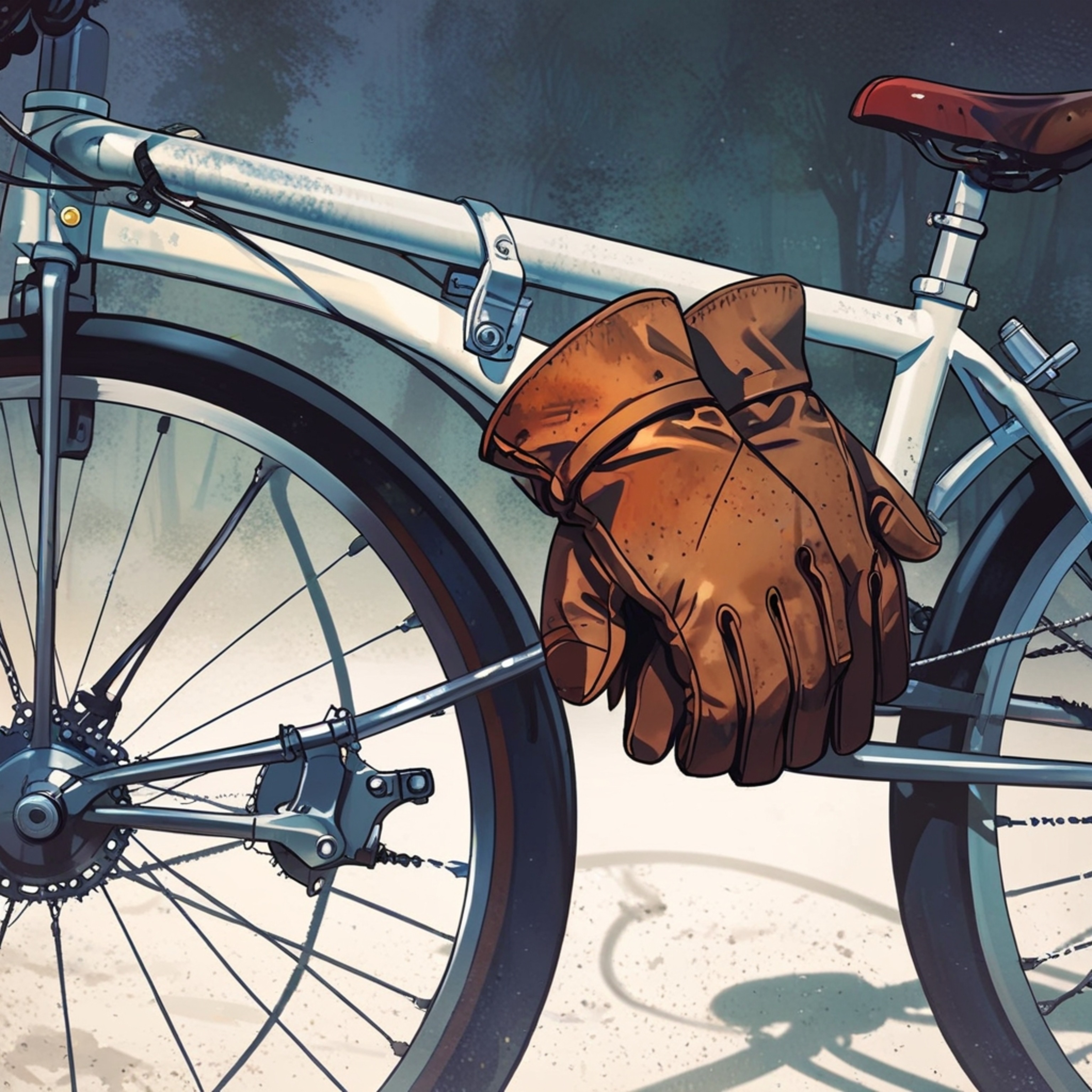 A captivating image featuring a pair of leather gloves gently placed beside a classic vintage bicycle. A subtle fog graces t