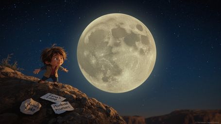 In a vibrant, whimsical photograph with a cinematic style reminiscent of Pixar, a curious, wide-eyed kid stands on a rocky cl