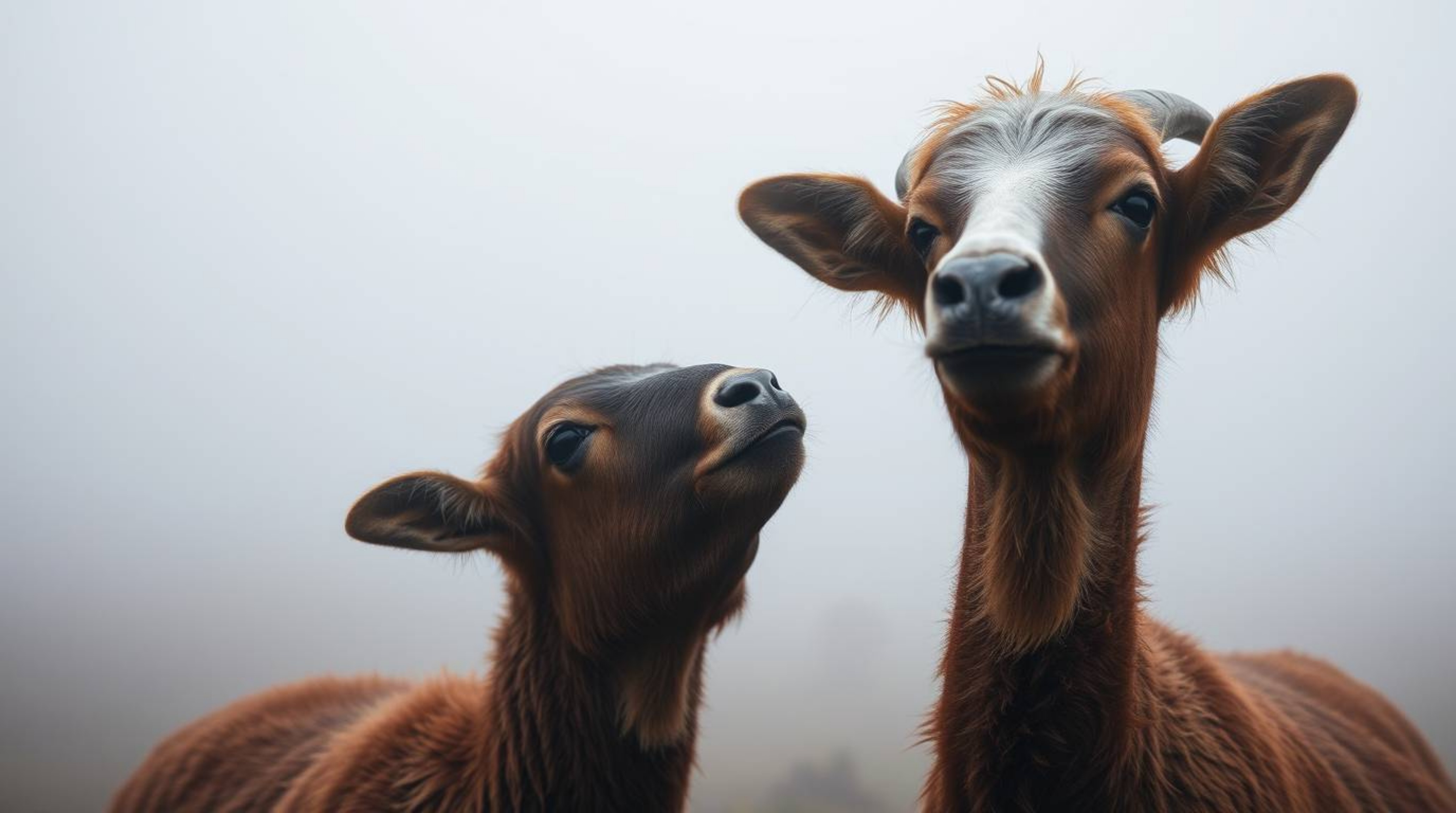 A captivating photograph showcases two talking animals engaged in playful mischief amidst a thick fog.  The blurred bokeh bac