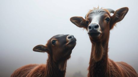 A captivating photograph showcases two talking animals engaged in playful mischief amidst a thick fog.  The blurred bokeh bac