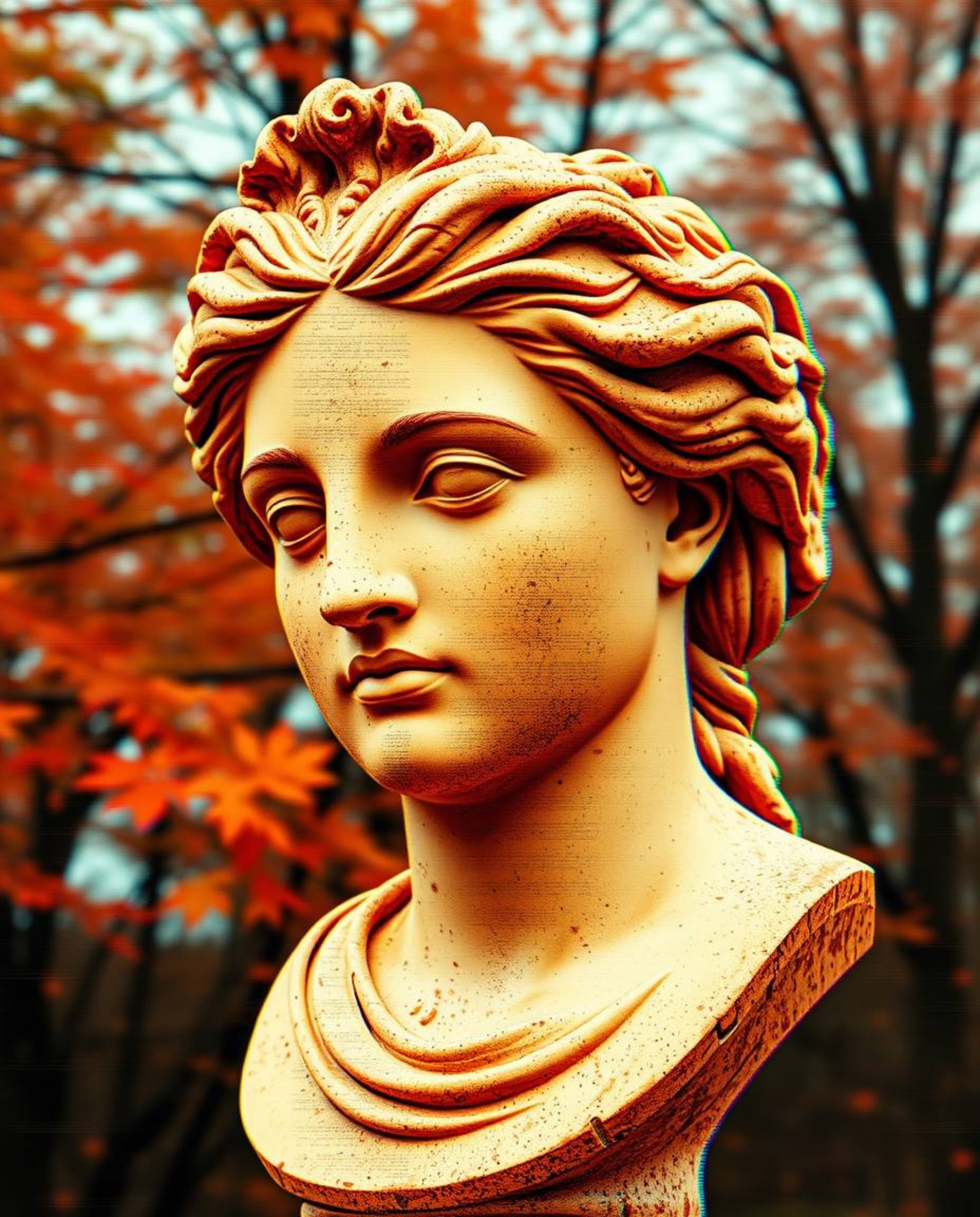 Discover stunning digital art featuring a classical sculpture infused with a vibrant glitch effect.  Warm autumnal hues creat