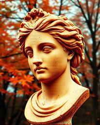 Discover stunning digital art featuring a classical sculpture infused with a vibrant glitch effect.  Warm autumnal hues creat