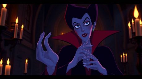 Experience a classic Disney villain scene with rich burgundy and deep blue tones. The villain, with pale skin, casts a spell 