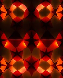This artwork features a seamless geometric pattern composed of hexagons and triangles, brought to life with a vibrant neon co