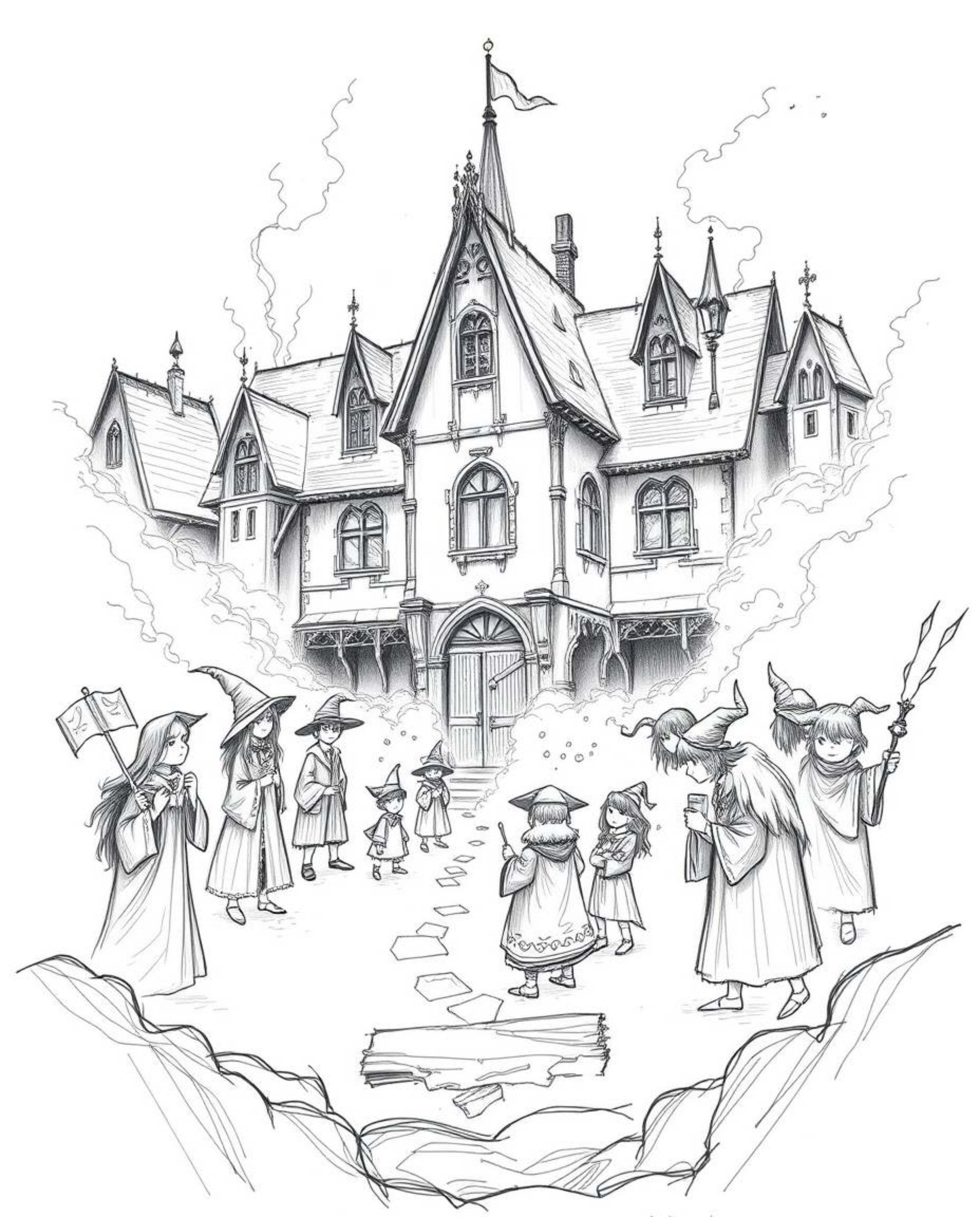 Explore a magical school brimming with young wizards, depicted in a captivating hand-drawn sketch style. The thick, foggy sur