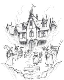 Explore a magical school brimming with young wizards, depicted in a captivating hand-drawn sketch style. The thick, foggy sur