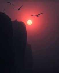 This is an epic and amazing modern future scene depicting a sunset over a coastal cliff with soaring birds. The composition i