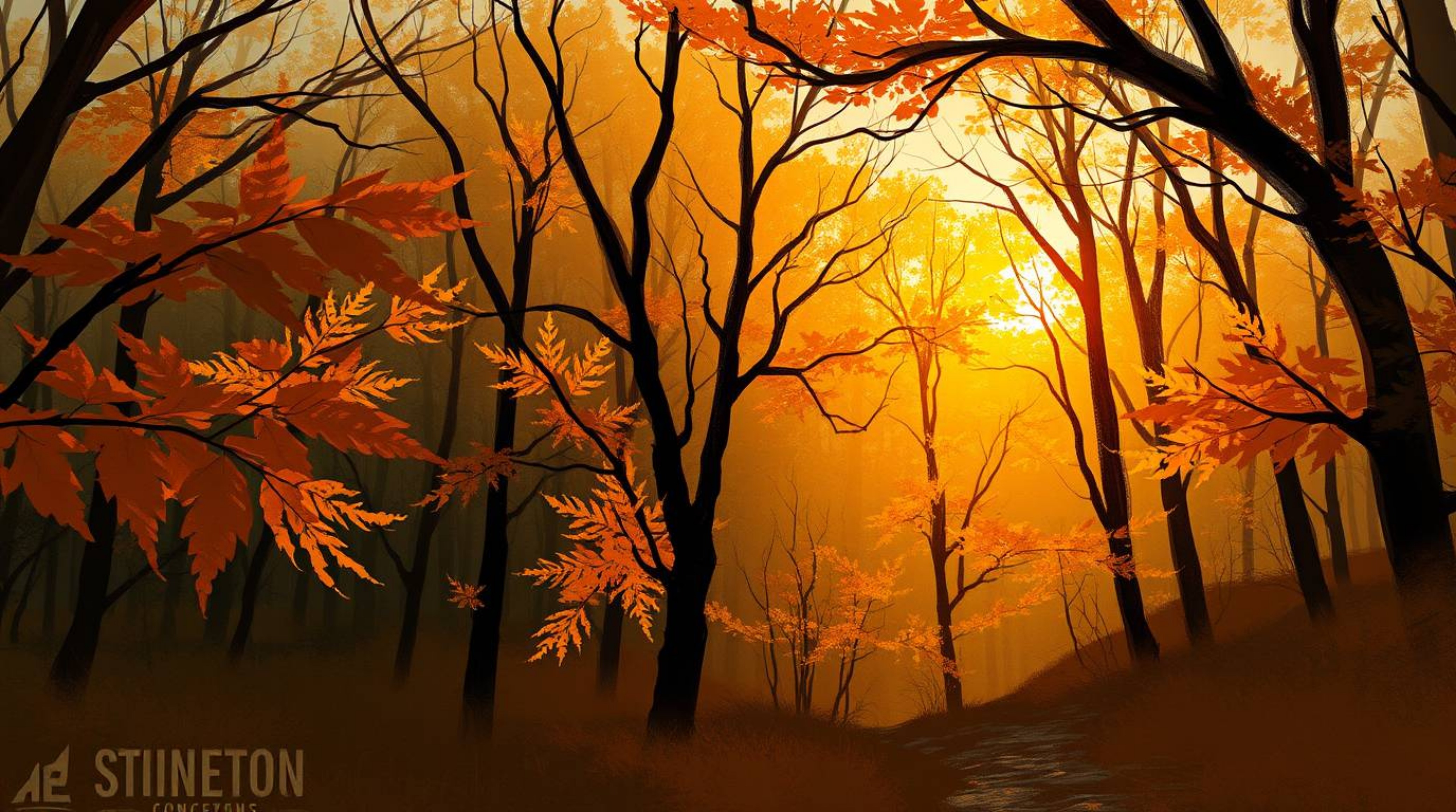 A captivating digital sketch depicting a painterly autumn forest bathed in the golden light of a sunset. The loose style and