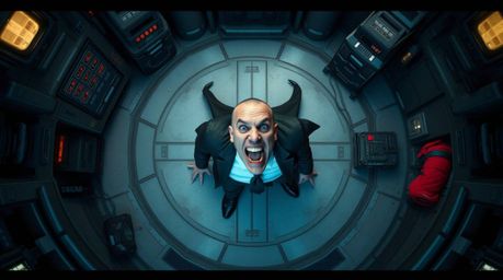 Experience a comedic scene from above with a bird's eye view of a villain in their high-tech lair. Witness their funny breakd