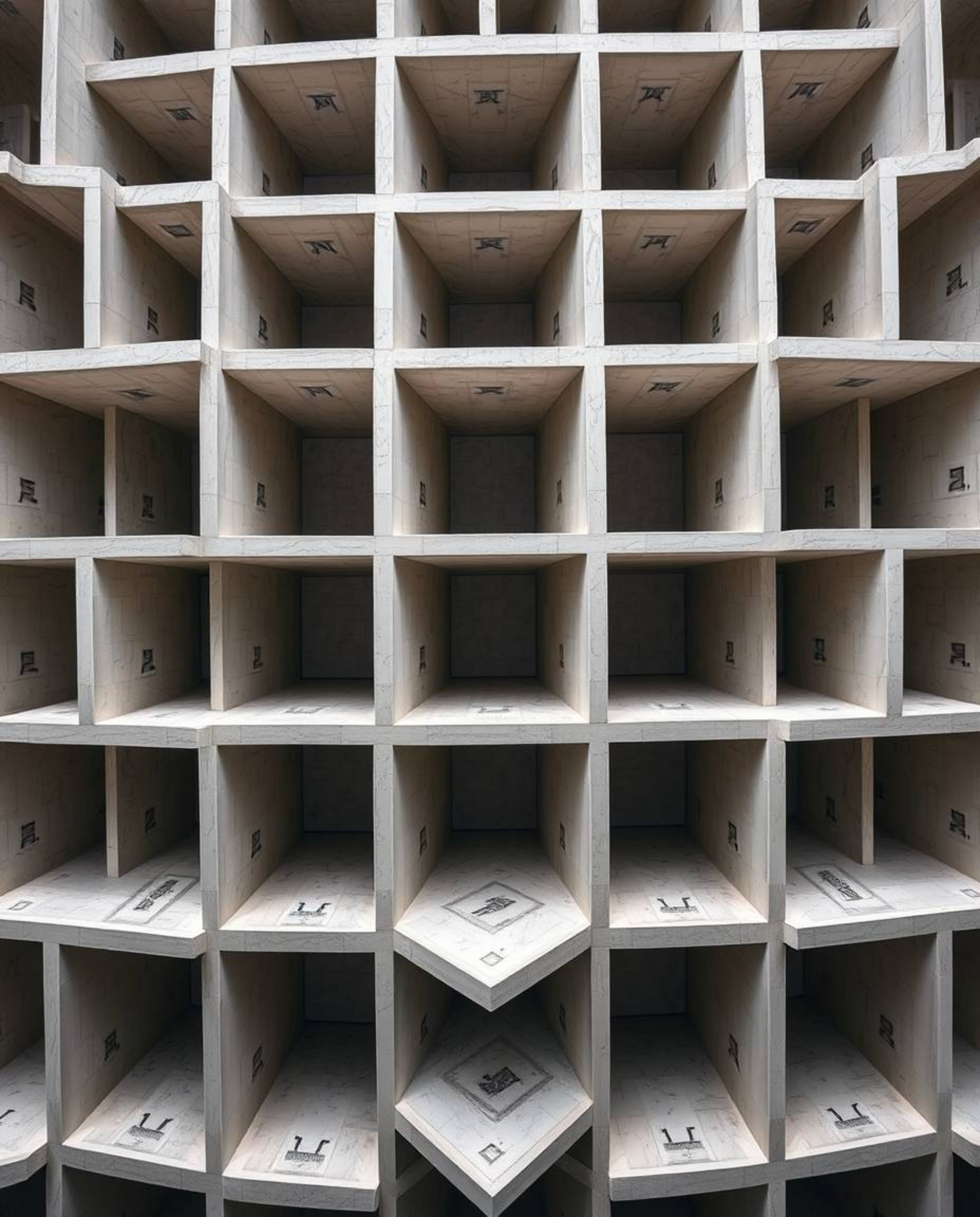 A precise architectural color photograph showcases a mesmerizing repetitive cube pattern, reminiscent of Escher's impossible 