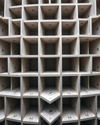 A precise architectural color photograph showcases a mesmerizing repetitive cube pattern, reminiscent of Escher's impossible 
