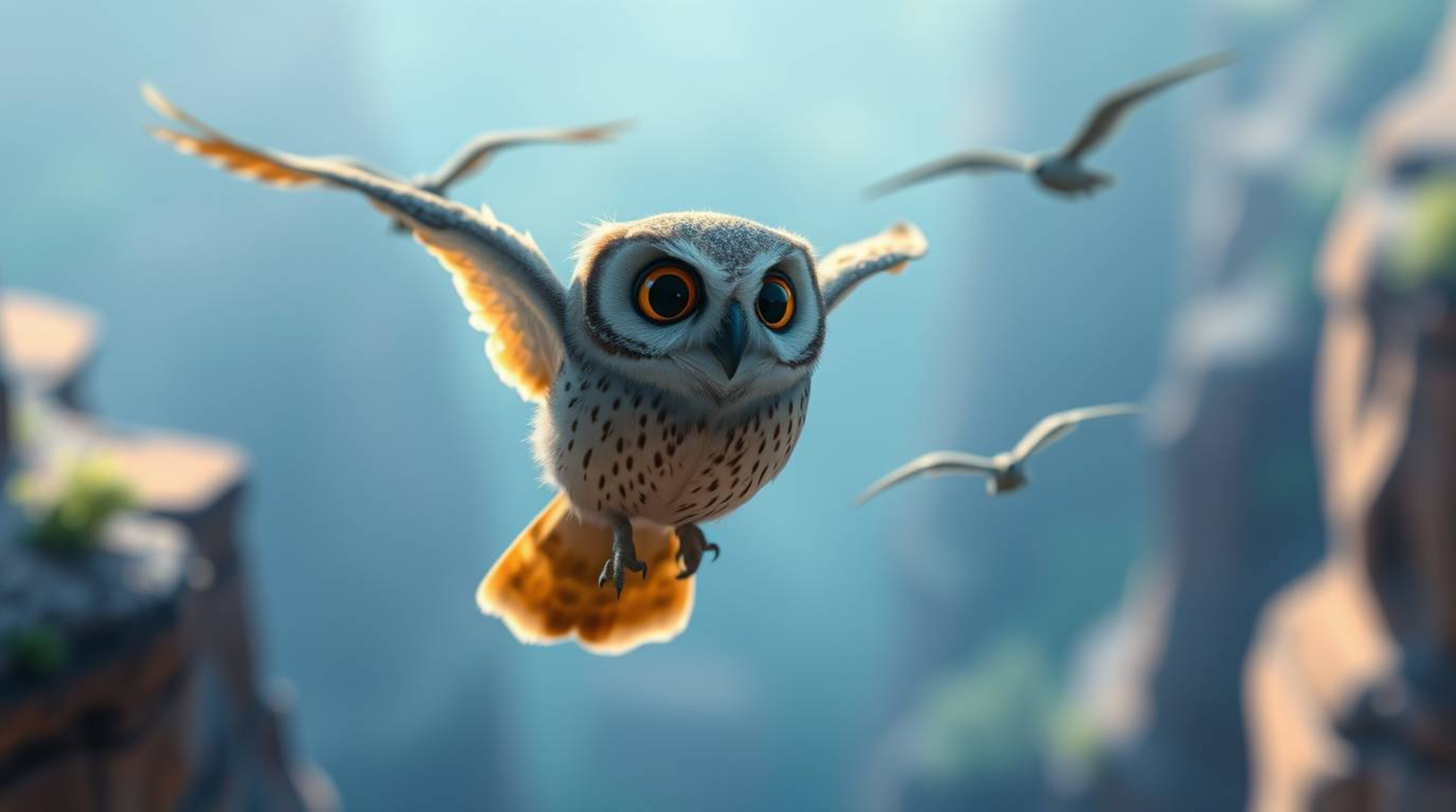 This photograph, styled beautifully after Pixar animation, depicts a touching scene of a blind owl teaching birds to fly thro