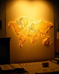 This artwork features an intricate origami-style glowing map projection set within the ambiance of an old study. The piece sh