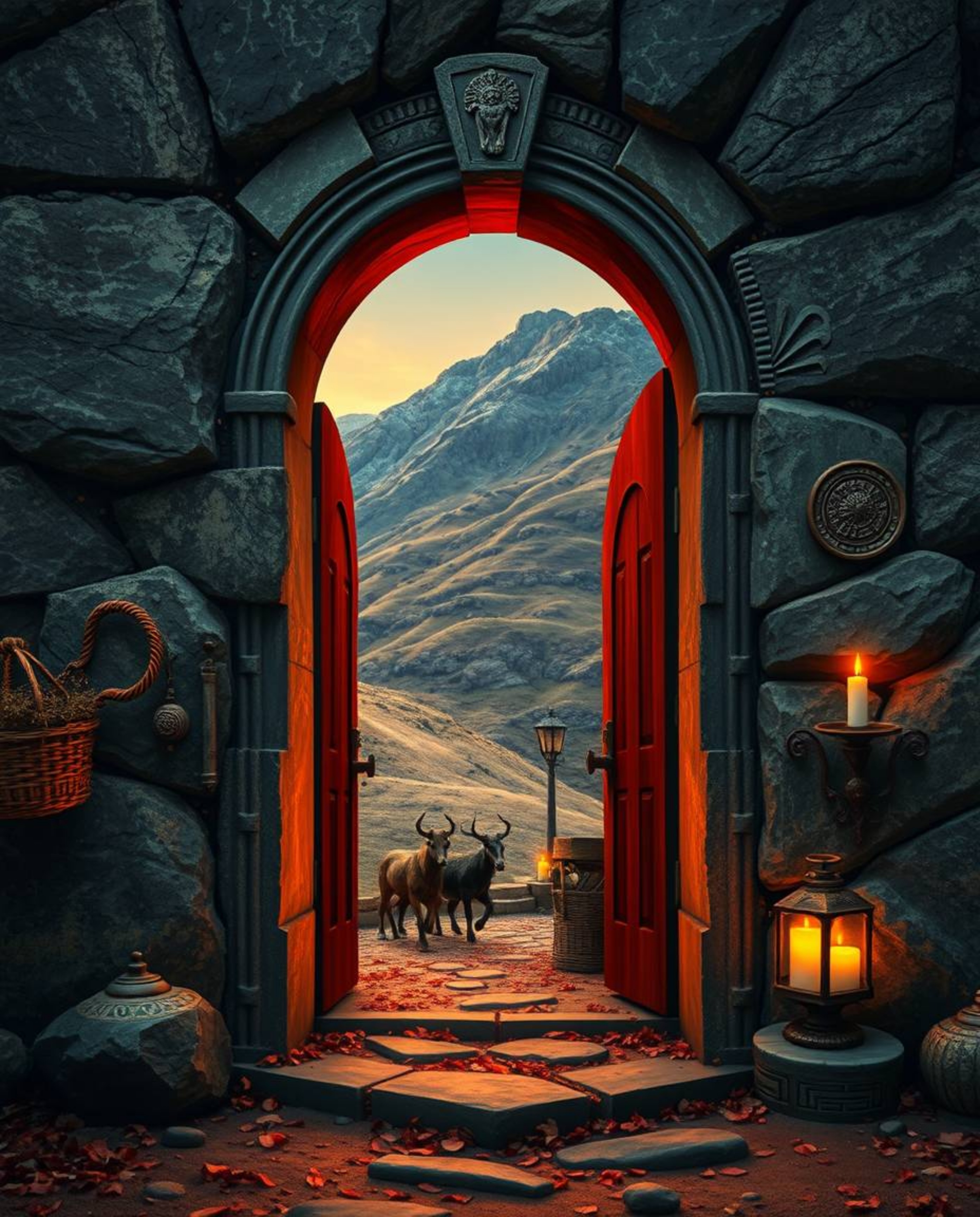 An ancient doorway etched with glowing runes sits nestled in the side of a majestic mountain, bathed in the warm hues of autu
