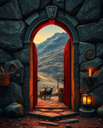 An ancient doorway etched with glowing runes sits nestled in the side of a majestic mountain, bathed in the warm hues of autu