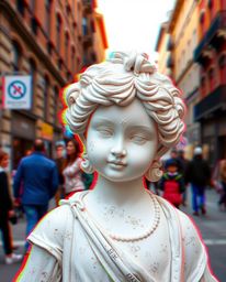 This captivating street photograph showcases an adorable and cute classical sculpture reimagined with a vibrant glitch effect