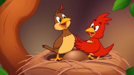 Delightful animation of two cartoon birds diligently constructing their nest. Rendered in a classic animation style with a w