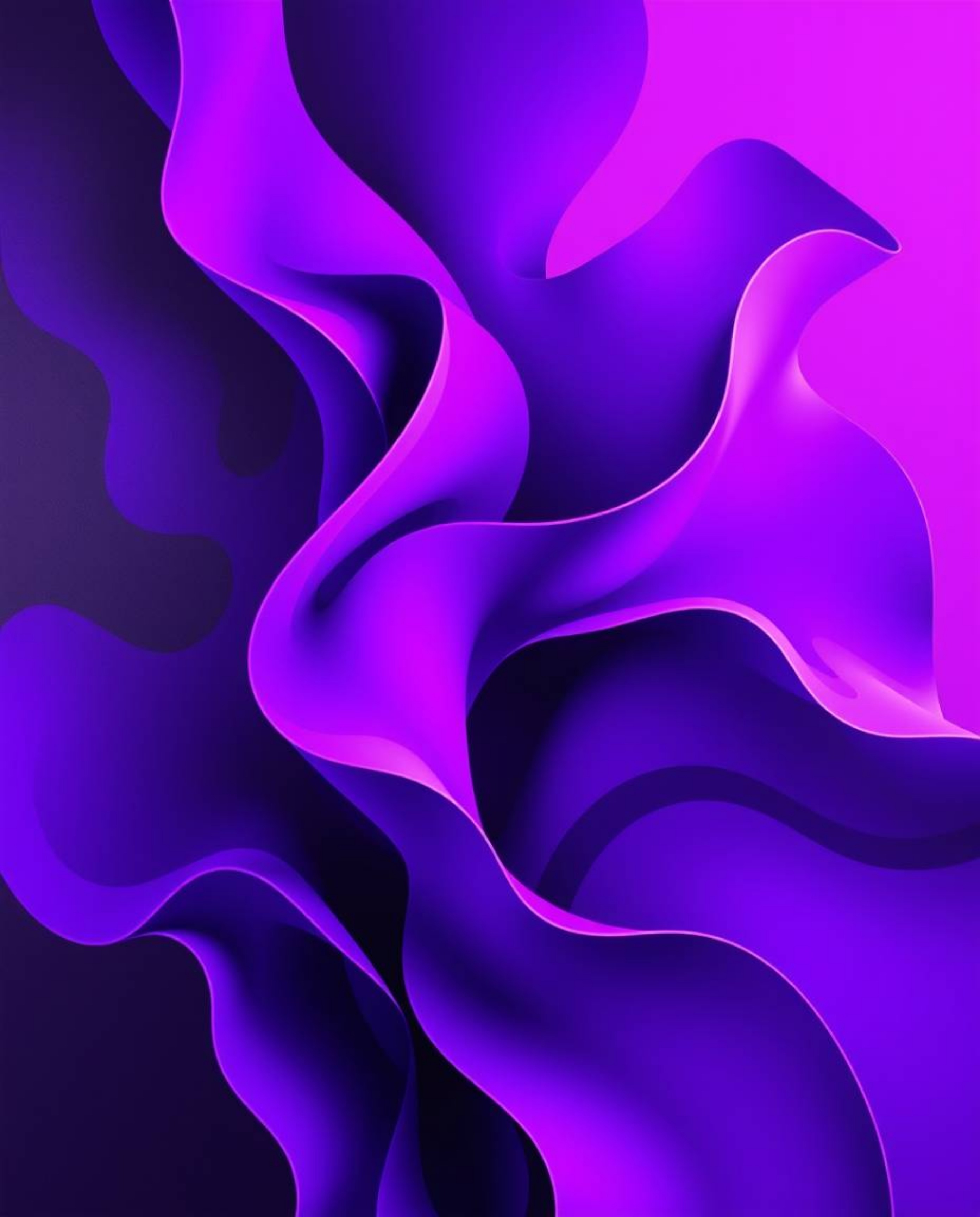 This artwork showcases an elegant abstract composition in deep ultraviolet hues, featuring graceful 3D fluid shapes interacti