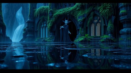 A classic Disney villain with pale skin casts a spell in a moss-covered castle during a rainy night. The scene is rich with