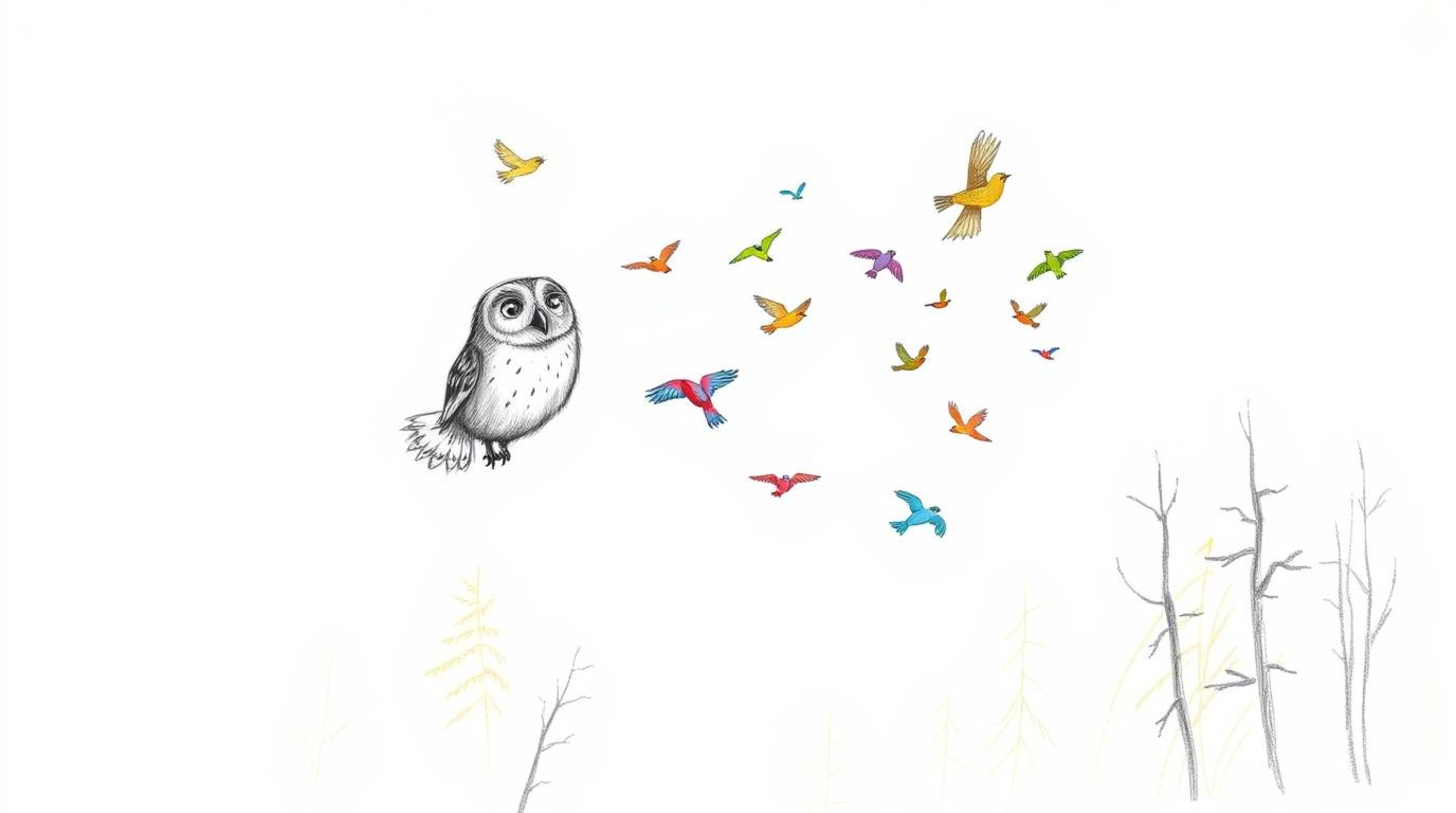 A whimsical hand-drawn illustration in the style of Pixar animation depicts a wise, blind owl with soft feathers guiding colo