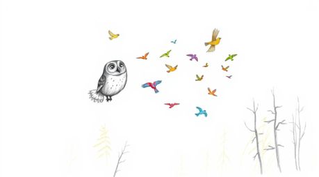 A whimsical hand-drawn illustration in the style of Pixar animation depicts a wise, blind owl with soft feathers guiding colo