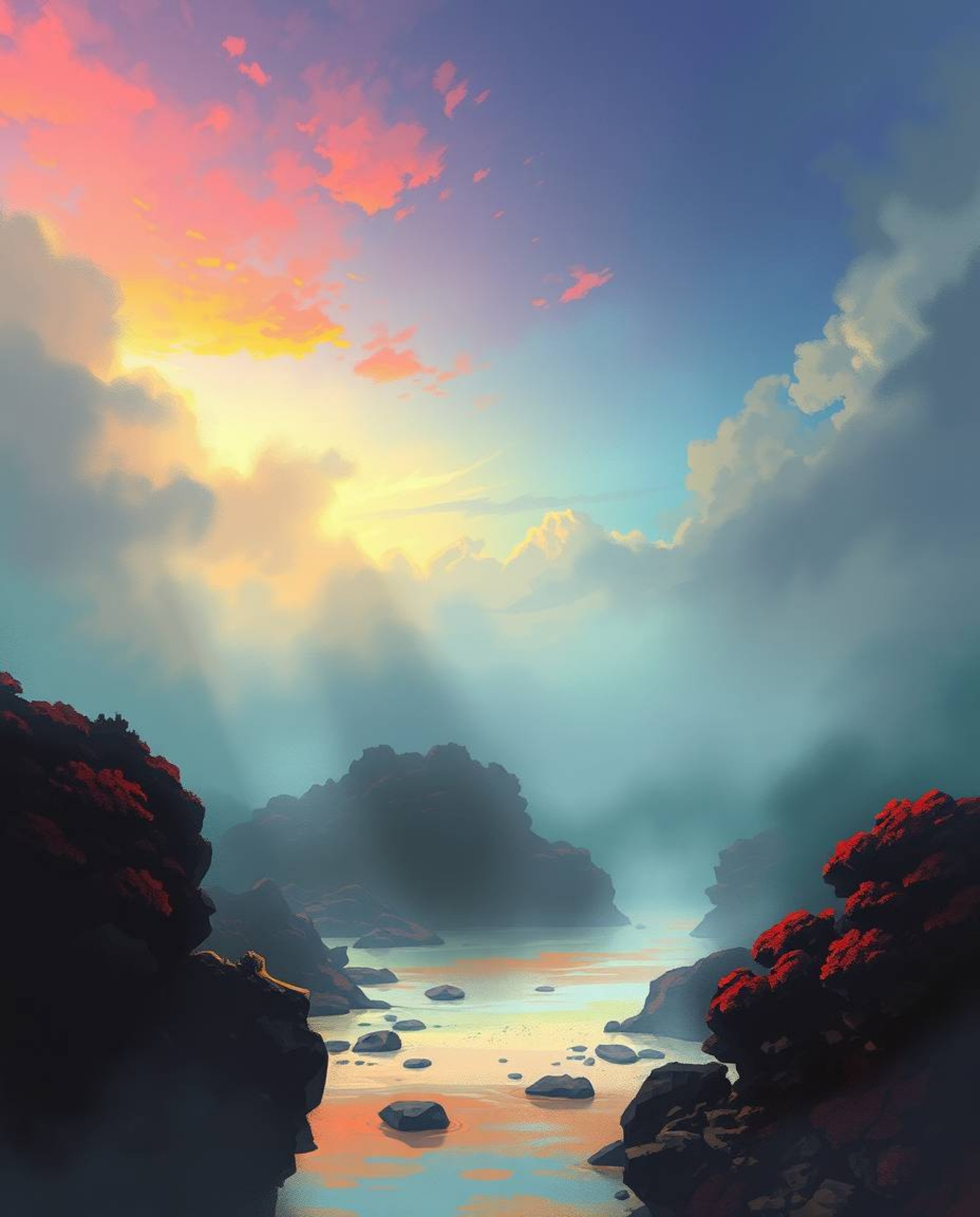 A misty, atmospheric digital sketch captures a coral reef at low tide beneath a colorful sky. Created with loose, painterly s