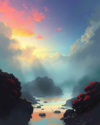 A misty, atmospheric digital sketch captures a coral reef at low tide beneath a colorful sky. Created with loose, painterly s