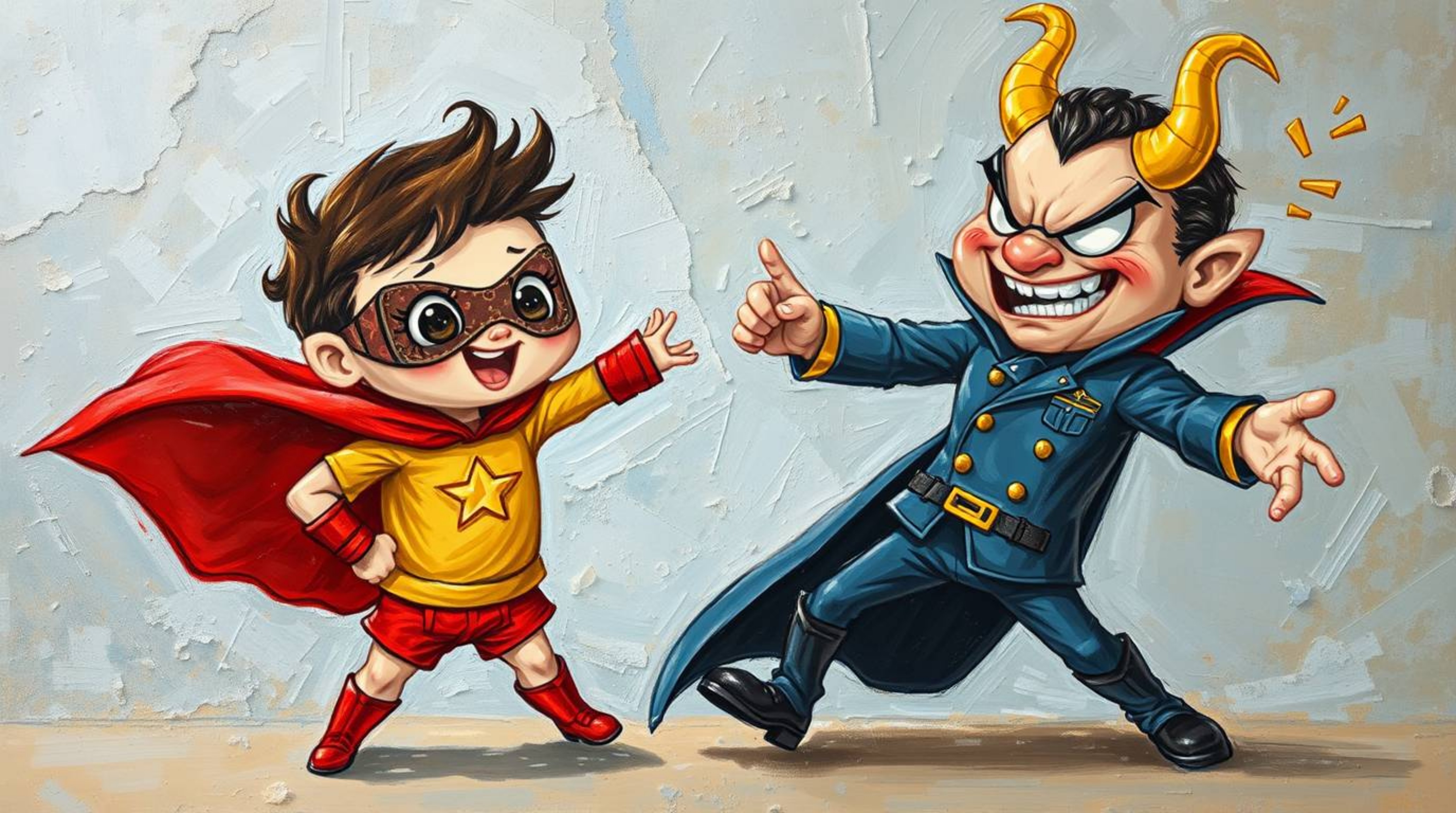 A classic oil painting depicting an adorable, cute superhero with a cape in the midst of an action-packed battle against a ch
