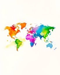 This artwork presents a world map formed from bright, colorful splashes, offering a creative and abstract concept. The piece 